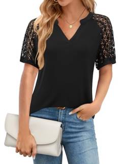 Beluring Tunika Damen Elegant V Ausschnitt T Shirt Spitze Kurzarm Oberteile Lässig Tops Schwarz S von Beluring