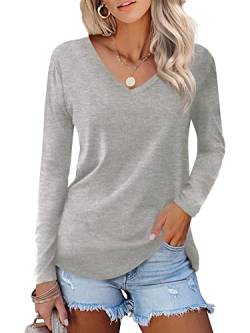 Beluring Womens Casual Cute Tops V-Ausschnitt langärmlige Basic T-Shirts Grau XL von Beluring