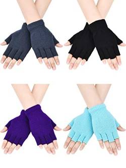 Bememo Fingerlose Handschuhe für Jungen und Mädchen, 4 Paar Gr. Medium, Schwarz, Grau, Himmelblau, Lila. von Bememo