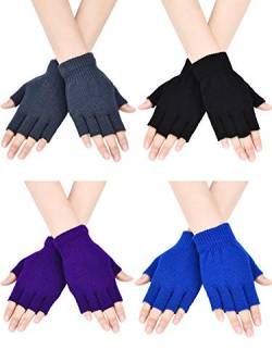 Bememo Fingerlose Handschuhe für Jungen und Mädchen, 4 Paar Gr. Medium, Schwarz, Grau, Königsblau, Lila. von Bememo