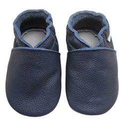 Bemesu Baby Krabbelschuhe Lauflernschuhe Lederpuschen Kinder Hausschuhe aus weichem Leder Einfarbig Blau(S, 0-6 M, EU 18-19) von Bemesu