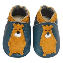 Bemesu Baby Krabbelschuhe Lauflernschuhe Lederpuschen Kinder Hausschuhe aus weichem Leder für Mädchen und Jungen Bär Petrol (M, EU 20-21) von Bemesu