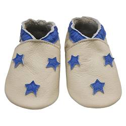 Bemesu Baby Krabbelschuhe Lauflernschuhe Lederpuschen Kinder Hausschuhe aus weichem Leder für Mädchen und Jungen Beige Blaue Sterne 3 (M, EU 20-21) von Bemesu