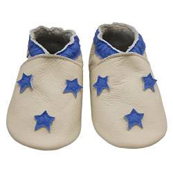Bemesu Baby Krabbelschuhe Lauflernschuhe Lederpuschen Kinder Hausschuhe aus weichem Leder für Mädchen und Jungen Beige Blaue Sterne 3 (S, EU 18-19) von Bemesu