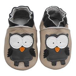 Bemesu Baby Krabbelschuhe Lauflernschuhe Lederpuschen Kinder Hausschuhe aus weichem Leder für Mädchen und Jungen Beige Eule (S, EU 18-19) von Bemesu