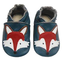 Bemesu Baby Krabbelschuhe Lauflernschuhe Lederpuschen Kinder Hausschuhe aus weichem Leder für Mädchen und Jungen Blau Fuchs (S, EU 18-19) von Bemesu