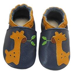 Bemesu Baby Krabbelschuhe Lauflernschuhe Lederpuschen Kinder Hausschuhe aus weichem Leder für Mädchen und Jungen Giraffen Petrol (L, EU 21-22) von Bemesu