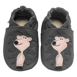 Bemesu Baby Krabbelschuhe Lauflernschuhe Lederpuschen Kinder Hausschuhe aus weichem Leder für Mädchen und Jungen Grau Löwe (L, EU 21-22) von Bemesu