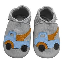 Bemesu Baby Krabbelschuhe Lauflernschuhe Lederpuschen Kinder Hausschuhe aus weichem Leder für Mädchen und Jungen Hellgrau Auto (S, 0-6 M, EU 18-19) von Bemesu