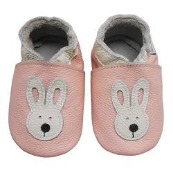 Bemesu Baby Krabbelschuhe Lauflernschuhe Lederpuschen Kinder Hausschuhe aus weichem Leder für Mädchen und Jungen Pink Hase (L, EU 21-22) von Bemesu