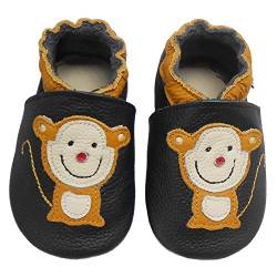 Bemesu Baby Krabbelschuhe Lauflernschuhe Lederpuschen Kinder Hausschuhe aus weichem Leder für Mädchen und Jungen Schwarz Äffchen (M, EU 20-21) von Bemesu