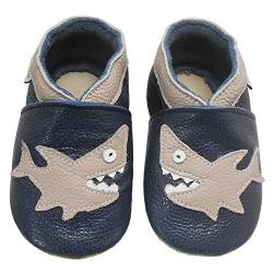 Bemesu Baby Krabbelschuhe Lauflernschuhe Lederpuschen Kinder Hausschuhe aus weichem Leder für Mädchen und Jungen Schwarz Hai (L, EU 21-22) von Bemesu