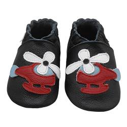 Bemesu Baby Krabbelschuhe Lauflernschuhe Lederpuschen Kinder Hausschuhe aus weichem Leder für Mädchen und Jungen Schwarz Hubschrauber (M, EU 20-21) von Bemesu