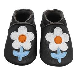 Bemesu Baby Krabbelschuhe Lauflernschuhe Lederpuschen Kinder Hausschuhe aus weichem Leder für Mädchen und Jungen Schwarze Blumen (L, EU 21-22) von Bemesu