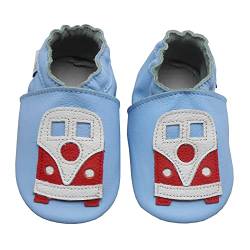 Bemesu Lauflernschuhe Baby Krabbelschuhe Lederpuschen Kinder Hausschuhe aus weichem Leder für Mädchen und Jungen Hellblau Auto(M, 6-12 M, EU 20-21) von Bemesu