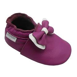 Bemesu Lauflernschuhe Baby Krabbelschuhe Lederpuschen Kinder Hausschuhe aus weichem Leder für Mädchen und Jungen Lila, Schleife (M, 6-12 M, EU 20-21) von Bemesu