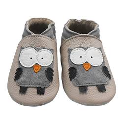 Bemesu Lederpuschen Baby Krabbelschuhe Hausschuhe Mädchen und Junge Kinder Lauflernschuhe aus echtem Leder (Beige, Eule aus Wildleder, EU 20-21) von Bemesu