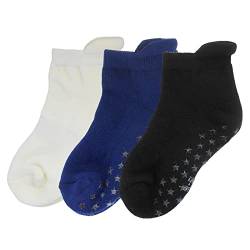 Bemesu Neugeborenen-Socken Anti-Rutsch-Baumwollsocken Kinder Kurze Krabbelsocken Weiche Heimsocken Halbfrottee Einfarbige Socken 3 Paar Weiß，blau， Schwarz (S，6-12 Monate) von Bemesu