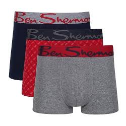 Ben Sherman Herren Men's Boxer Shorts in Grey/Red Print/Navy | Soft Touch Cotton Trunks with Elasticated Waistband Boxershorts, Grey/Red Print/Navy, von Ben Sherman