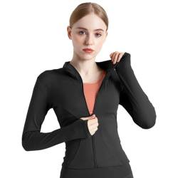 BenBoy Damen Laufjacke Atmungsaktive Sportjacke Langarm Weiches Gym Top Leichtes Trainingsjacke mit Reißverschluss Fitness Top mit Daumenlöchern Yoga Wandern SYMTWT03-Black-S von BenBoy