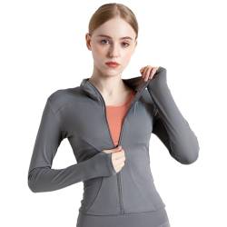 BenBoy Damen Laufjacke Atmungsaktive Sportjacke Langarm Weiches Gym Top Leichtes Trainingsjacke mit Reißverschluss Fitness Top mit Daumenlöchern Yoga Wandern SYMTWT03-Gery-M von BenBoy