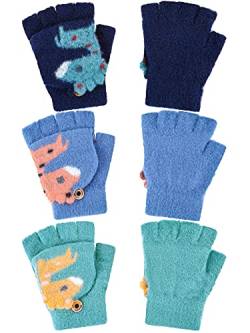 3 Paar Kinder Fingerlose Handschuhe Winter Warm Strick Halbfinger Flip Top Fäustlinge, 5-10 Jahre (Marineblau, Blau, Grün) von Bencailor