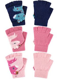 3 Paar Kinder Fingerlose Handschuhe Winter Warm Strick Halbfinger Flip Top Fäustlinge, 5-10 Jahre (Marineblau, Rosa, Rosa) von Bencailor