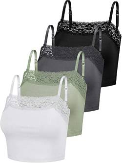 4 Stück Damen Camisole Crop Tops mit Spitzenbesatz Spitzen Cami Tops für Mädchen (Schwarz, Dunkelgrau, Grün, Weiß, XL) von Bencailor