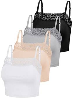 4 Stück Damen Camisole Crop Tops mit Spitzenbesatz Spitzen Cami Tops für Mädchen (as3, Alpha, l, Regular, Regular, Schwarz, Grau, Beige, Weiß) von Bencailor