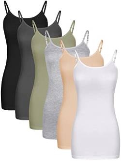 6 Stück Damen Lange Tank Tops, Lange Camisole Workout Tops für Frauen Verstellbare Spaghettiträger Frauen Camis Unterhemden, Schwarz, Weiß, Hautfarbe, Grau, Dunkelgrau, Grün, Groß von Bencailor