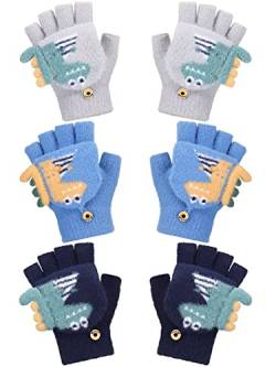 Bencailor 3 Paar Dinosaurier Kinder Handschuhe Halbfinger Gestrickt Fingerlos Winter Handschuhe mit Klappe (Blau, Marineblau, Grau) von Bencailor