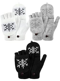 Bencailor 3 Paar Fingerlose Winter Strick Handschuhe Warme Flip Cabrio Fäustlinge mit Klappen (Schwarz, Weiß, Grau, Schneeflocke) von Bencailor