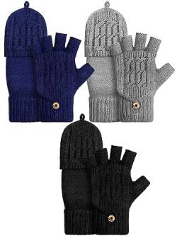 Bencailor 3 Paar Winter Fingerlose Strickhandschuhe mit Flip Top Wandelbare Fäustlinge (Schwarz, Grau, Marineblau, Schneeflocken) von Bencailor