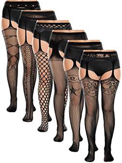 Bencailor 6 Paar Frauen Übergröße Netzstrümpfe Plus Oberschenkelhohe Pantyhose Netzstrumpfhose Sets (Schwarz, Elegant) von Bencailor