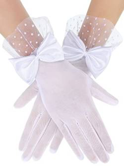 Bencailor Damen Spitzen Handschuhe Hochzeit Party Handschuhe Kurze Ball Elegante Handschuhe mit Schleife für Sonnenschutz Trauerfeier (Weiß) von Bencailor