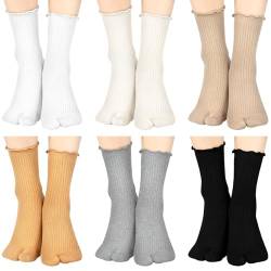 Bencailor Tabi-Socken mit geteiltem Zehenbereich, Rüschen, elastische Baumwolle, Sandalensocken für Damen und Herren, 6 Paar, Grau, Khaki, Beige, Weiß, Schwarz, Gelb, Einheitsgr��e von Bencailor