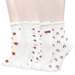 Benefeet Sox Damen Rüschensocken, niedliche Baumwolle, Crew-Socken, Rüschen, Slouch, Kleid, Socken, Salat, Umschlagsocken, hohe Knöchelsocken, 5 Stück, weiße Rose und Erdbeere, Einheitsgröße von Benefeet Sox