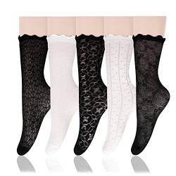 Benefeet Sox Damen-Socken mit Rüschen, niedlich, ausgefallen, Rundhals-Socken, Rüschenkleid, Salatbesatz, hohe Knöchelsocken, 5er-Pack, schwarz-weißes Netzgewebe, Medium von Benefeet Sox