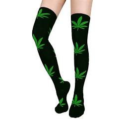 Benefeet Sox Damen lange über knie-schenkel-hohe socken marijuana weed blatt lustige verrückte school party cosplay custume strümpfe damen eine größe (6-11) schwarz + grün cannabis blätter von Benefeet Sox