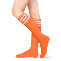 Benefeet Sox Kniestrümpfe für Damen und Mädchen, dreifach gestreift, Rollschuhsocken, Baumwolle, Sport, athletisch, Schlauchsocken, Kostüm-Strumpf, Orange mit weißen Streifen, Einheitsgröße von Benefeet Sox