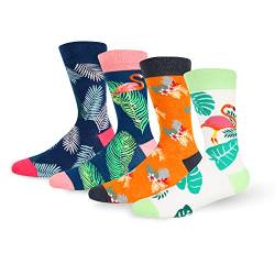 Lustige Socken für Herren, lustige Kleidersocken, bunt, alberne verrückte Socken, Essen, Tier, Argyle, cooles gemustertes Design, Baumwolle, 4 Stück – Hawaiianische Palmen-Flamingo, 39-47 EU von Benefeet Sox