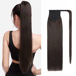 Benehair Ponytail Extension Echthaar, 100% Echthaar Zopf Extensions Echthaar, Wrap Around Ponytail für Frauen, Dunkel Braun Pferdeschwanz Echtes Haar Haarverlängerung 45 CM 90g #2 von Benehair