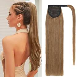 Benehair Ponytail Extension Echthaar, 100% Echthaar Zopf Extensions Echthaar, Wrap Around Ponytail für Frauen, Hellbraun Pferdeschwanz Echtes Haar Haarverlängerung 45 CM 90g #6 von Benehair