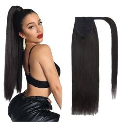 Benehair Ponytail Extension Echthaar, 100% Echthaar Zopf Extensions Echthaar, Wrap Around Ponytail für Frauen, Natürliches Schwarz Pferdeschwanz Echtes Haar Haarverlängerung 40 CM 80g #1B von Benehair