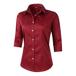 Benibos Damen-Hemd mit 3/4-Ärmeln, formelle Arbeitskleidung, weißes Button-Down-Hemd, burgunderfarben, Large von Benibos
