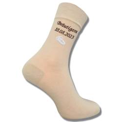 Bentini Hochzeitsocken | Gr. 39-54 | Personalisiert bestickt mit Namen, Datum & Trauringen | Bräutigam | Trauzeuge (43-46, natur) von Bentini