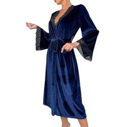 Bademantel Damen Spa Robe Damen Goldener Samt Morgenmantel Langer Winter Saunamantel mit Besatz Spitze Kimono Federbesatz Manschetten Langer mit Krawatte Frauen Roben von Beokeuioe