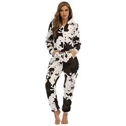 Beokeuioe Damen Jumpsuit Teddy Fleece Schlafanzug Winter Warm Hausanzug Einteiler Onesie Plüsch Overall Kuh Druck verdickte doppelseitige Fleece Ohr Bodysuit PyjamaLang Pyjama Flauschig von Beokeuioe