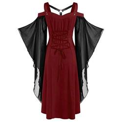 Beokeuioe Gothic Kleid für Frauen Mittelalterliches Kleid Halloween Kostüm mit Trompetenärmeln Gebundene Taille Kleid Vintage Schwarz Cosplay Party Abendkleid von Beokeuioe