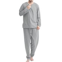 Beokeuioe Herren Baumwolle Leinen Schlafanzug Langarm Shirt und Loungehose mit V Ausschnitt Männer Pyjama-Set Zweiteiliger Nachtwäsche Retro Lange Ärmel T-Shirt von Beokeuioe